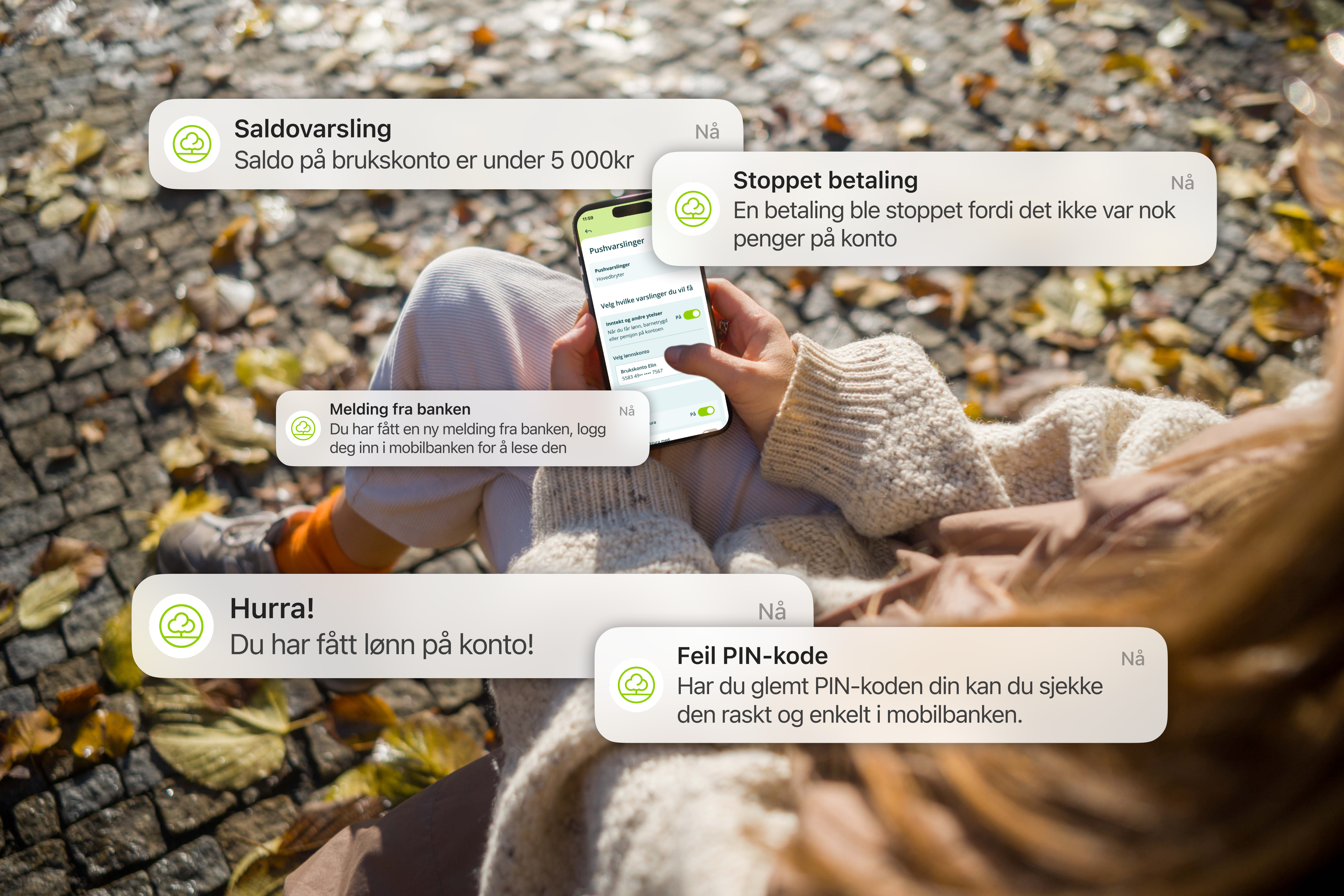 Illustrasjon av mobil med pushvarslinger